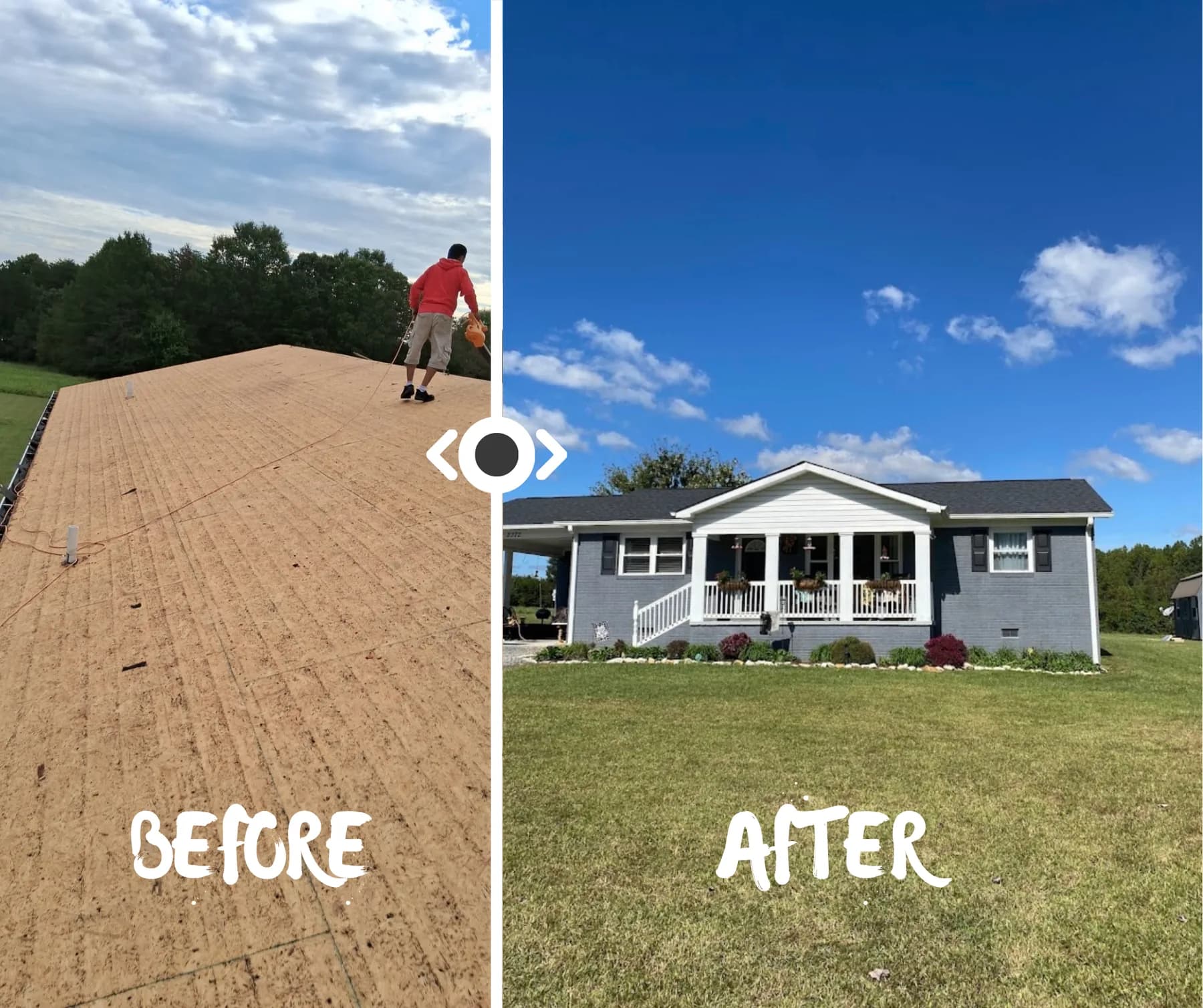Before and after roof replacement completed by Sage Roofing Solutions in Gastonia NC