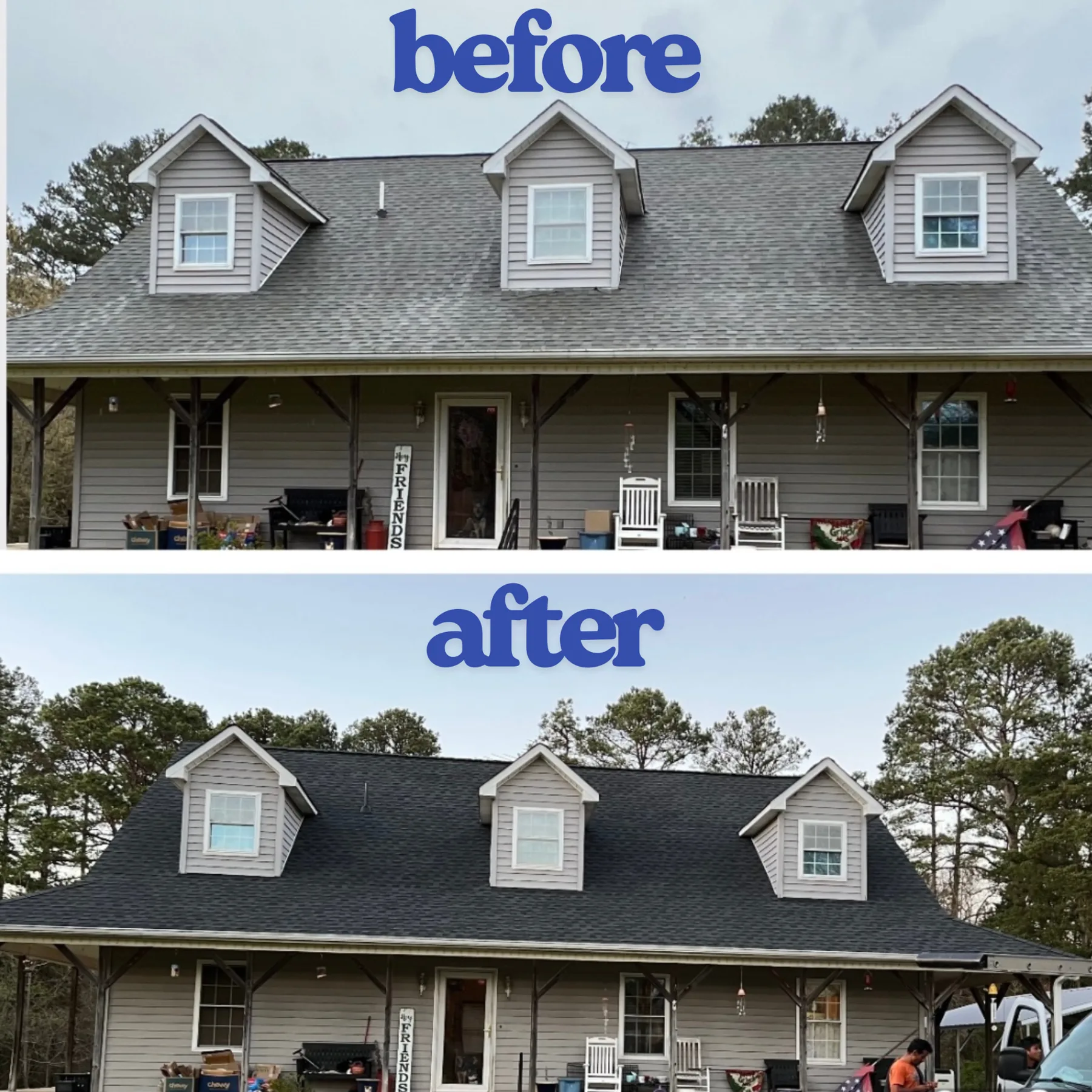 Before and after roof replacement completed by Sage Roofing Solutions in Hickory NC